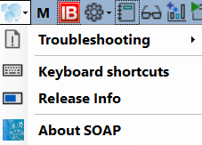 SOAP2 Help menu with Troubleshooting, Keyboard shortcuts, Release Info, and About